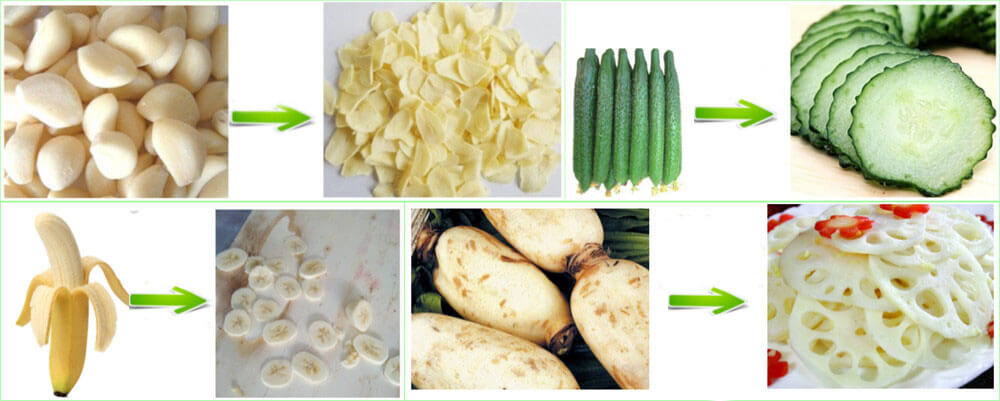 vegetbale slices cut by this garlic ginger slicer machine